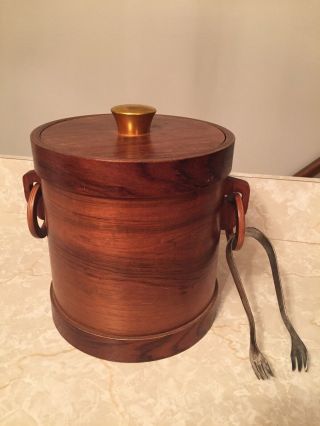 Vintage Wooden Ice Bucket With Lid And Tongs.