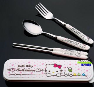 Hello Kitty 3 - Piece Ceramic Stainless Steel Dinner Set Fork Spoon Chopsticks