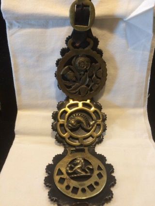 3 Vintage Brass Horse Harness Ornament Medallions Sea Serpent Lion Flowers