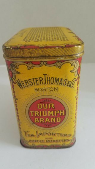 Antique Our Triumph Tea Tin Can Webster Thomas Boston Mass Tea Party Indians 7