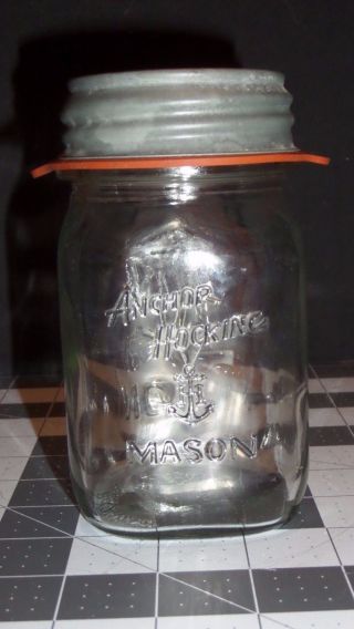 Vintage 1944 Anchor Hocking Mason Clear Pint Jar & Ball Porcelain Lined Zinc Lid