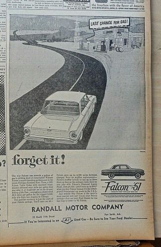 1961 Newspaper Ad For Ford - Falcon Stretches Gallon Of Gas,  Last Chance Gas Stn