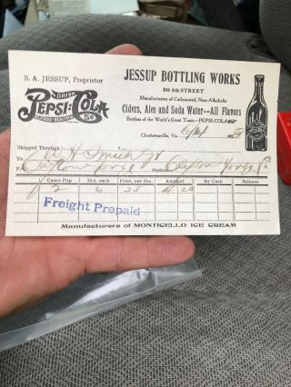 Rare 1913 Pepsi Cola Bottling Jessup Bottling Charlottesville Va.  Receipt