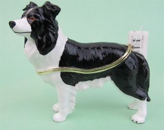 " Border Collie " Enamelled Dog Trinket Box Or Figurine - With Gold Trim