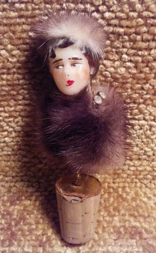 Vintage Mink Fur Lady Woman Head Liquor Bottle Cork Stopper - Old