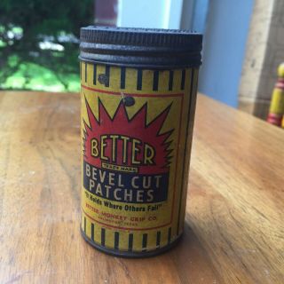 Vintage Better Monkey Grip Co Bevel Cut Patches Cardboard & Tin Can W/ Patches
