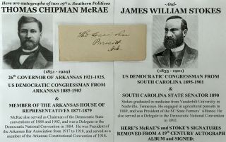 Governor Arkansas Congressman South Carolina Senator Mcrae/stok Autograph Signed