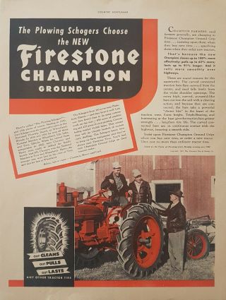 1947 Firestone Champion Print Ad Tractor Plowing Schogers Wheatland Illinois