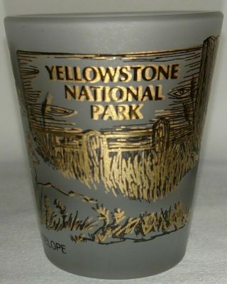 Vintage Yellowstone National Park Frosted Shot Glass Old Faithful,  Bear,  Buffalo