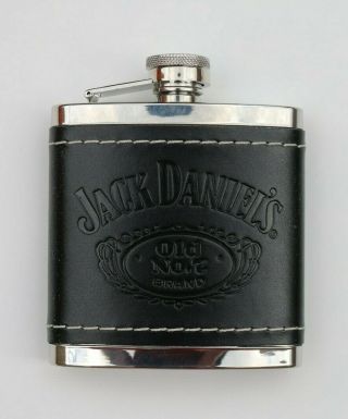 2009 Jack Daniels " Old No 7 " Brand Stainless Steel Leather Wrapped 5 Oz Flask