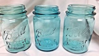 3 Vintage 1923 - 1933 Ball Perfect Mason Blue Pint Canning Jars 2