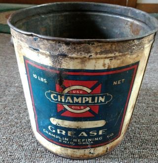 RARE Old CHAMPLIN OIL Co.  10 lb.  GREASE CAN.  Enid,  Oklahoma 2
