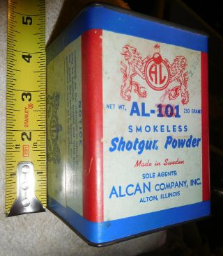 Vintage Alcan Al - 101 Shotgun Gun Powder Tin Can,  Alton Il,  Empty,  Cardboard Sides