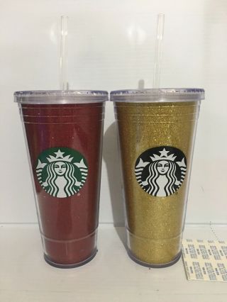 Starbucks Red Gold Glitter 20 Oz Cold Cups Tumbler With Straw Holiday 2018