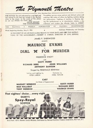 DIAL ' M ' FOR MURDER.  1953 Playbill signed on the cover by its star MAURICE EVANS 3