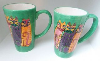 2 Cat Mugs Laurel Burch Tall 22oz Mugs 6 1/4 " Tall 1997