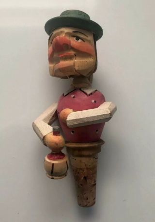 Vintage Hand Carved Wooden Cork Bottle Stopper Anri