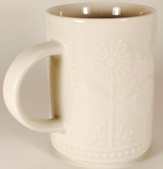 Starbucks White Embossed Daisy Mug 12 Oz Ceramic Coffee Mug