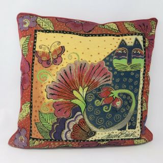 Laurel Burch Cat Embroidered Tapestry Pillow Red Butterfly Flowers Square Throw