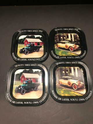 General Tire Company - Advertising Square Metal Coasters,  (4) Total,  Vintage