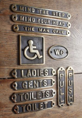 Brass Door Signs - Antique Vintage Toilet Ladies Gents Wc Disabled Push Pull