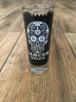 Souvenir Tall Shot Glass Cancun,  Mexico Dia De Los Muertos Skull