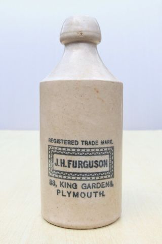 Vintage C1900s J H Furguson King Gardens Plymouth Devon Stone Ginger Beer Bottle
