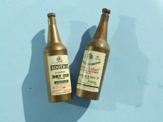Vintage Two Miniature Brass Bottle Openers Advertising White Label Whisky & Gin