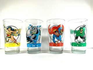Vintage Dc Hero Batman,  Wonder Woman,  Superman & Green Lantern Glass Cups