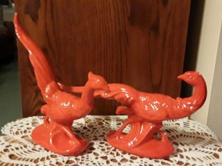 Vintage Ceramic Orange High - Gloss Glaze Pheasants Big Birds