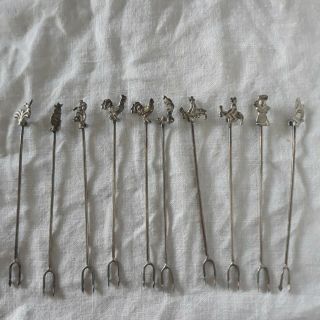 10 Vintage Mexican Silver Cocktail Forks - Rooster,  Cactus,  Man On Donkey,  More