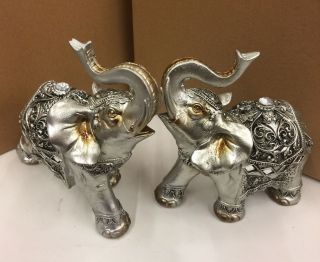 Set Of 2 Feng Shui Silver 6 " Elephants Trunk Statue Lucky Figurine Gift Home