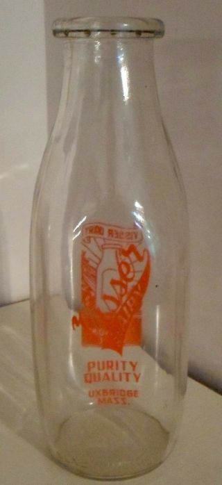 Vintage Milk Bottle,  Quart,  Visser Dairy,  Uxbridge,  Mass.