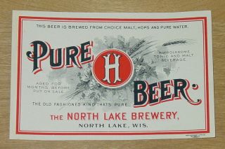 1 Beer Label From Wisconsin,  North Lake Brewing,  Pure Beer,  Pre - Prohibition