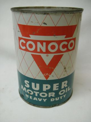 Vintage Quart Conoco Continental Oklahoma Metal Motor Oil Can,  Full
