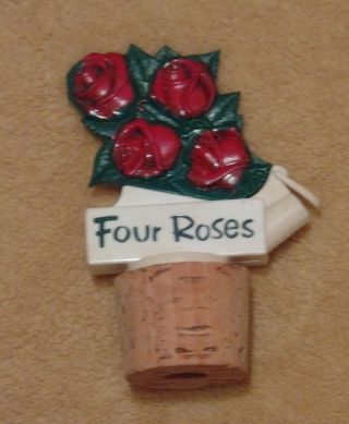Four Roses bourbon cork bottle stopper w/ pourer & hinged cap.  4 