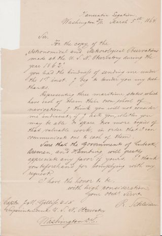 1864 Washington Dc Letter From The Hanseatic Legation To Us Naval Observatory
