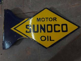 Porcelain Sunoco Motor Oil Enamel Sign Size 21 " X 15 " Inches 2 Sided Flange