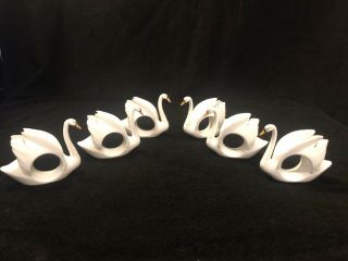Vintage Set Of 6 Bone China White Swan Napkin Rings