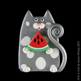 Silver White Spotted Kitty Cat & Watermelon Slice Summer Fun Pin - Swris