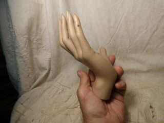 Vintage Life Size Female Right Mannequin Hand - Vinyl? on Wood - Metal Mounting Stud 5