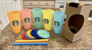 Starbucks 2019 Color Changing Reusable Cold Cups 5 - Pack With Lids & Straws