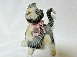 Barnyard Cats Gray Striped Soft Sculpture Folk Art Vergie Lightfoot Signed