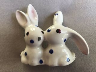 Vintage Plichta London England Kissing Rabbits Porcelain Figurine Blue Dots Old