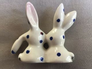 Vintage Plichta London England Kissing Rabbits Porcelain Figurine Blue Dots Old 2