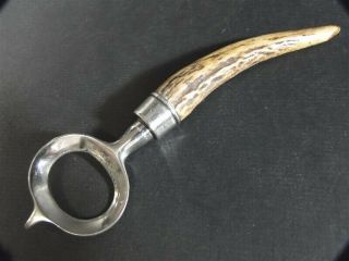 Antique Deer Antler Horn Handle Sterling Silver Band Bottle Can Opener Mono Eal