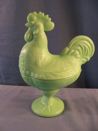 Large Green Jadeite Glass Rooster Shaped Covered Candy Dish