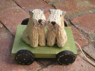 Soft Coated Wheaten Terrier Pair Rustic Wood Cart