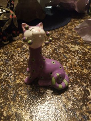 Whimsiclay Cat Figurine 2005 86427 Purple With Green Black Spots Striped Tail