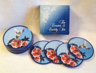 Coaster Set With Caddy Tin Hummingbird Cork Back Blue Box Set Of 4